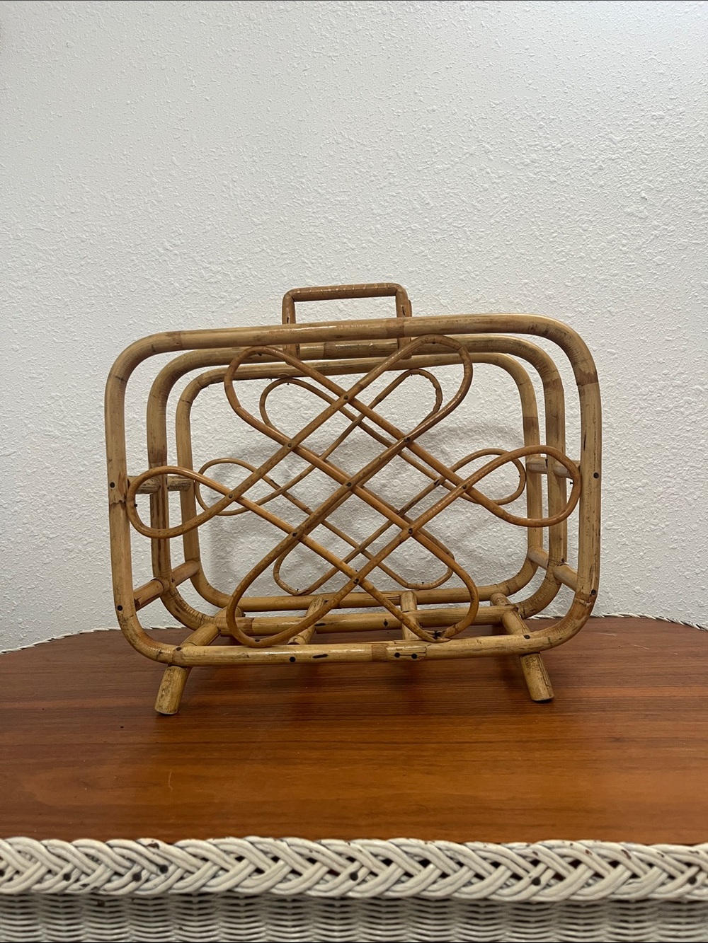 1970’s Woven Rattan Magazine Rack - Natural Tan